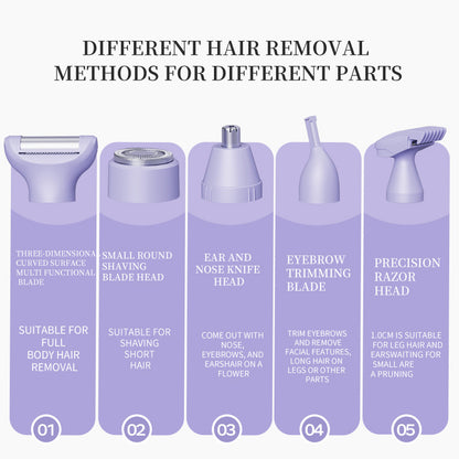 5-in-1 Electric Lady Shaver & Grooming Kit - LCD Display, USB-C Rechargeable, Full Body Hair Removal(White)