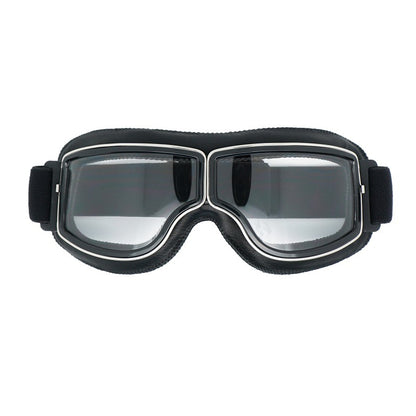 Retro Motorcycle Goggles - Windproof, UV400 Protection, Anti-Impact PC Lenses with Leather Frame(Black leather clear lens)