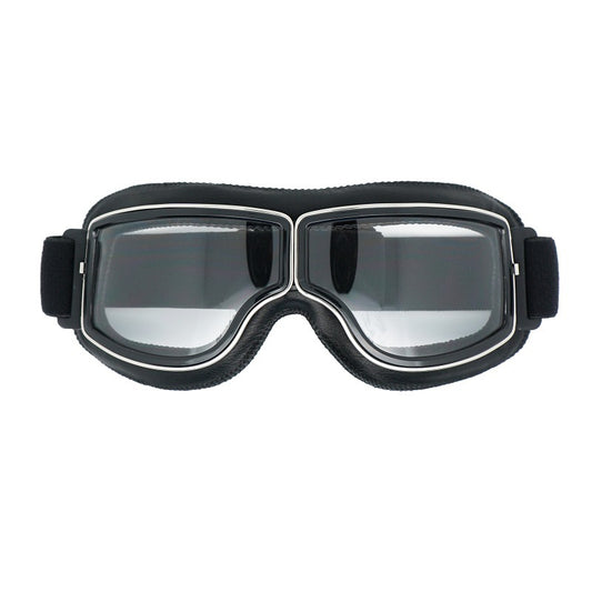 Retro Motorcycle Goggles - Windproof, UV400 Protection, Anti-Impact PC Lenses with Leather Frame(Black leather clear lens)