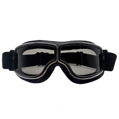 Retro Motorcycle Goggles - Windproof, UV400 Protection, Anti-Impact PC Lenses with Leather Frame(Black leather gray lens)