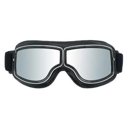 Retro Motorcycle Goggles - Windproof, UV400 Protection, Anti-Impact PC Lenses with Leather Frame(Black leather silver lens)