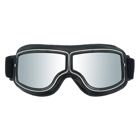 Retro Motorcycle Goggles - Windproof, UV400 Protection, Anti-Impact PC Lenses with Leather Frame(Black leather silver lens)