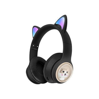 Cute Cat Ear Wireless Headphones - BT5.3, LED Lights, TF Card Slot, Soft Protein Padding(black)
