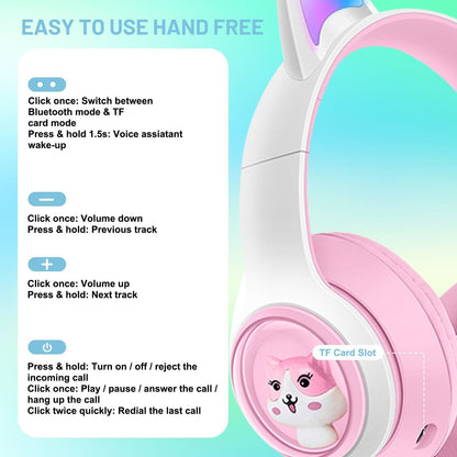 Cute Cat Ear Wireless Headphones - BT5.3, LED Lights, TF Card Slot, Soft Protein Padding(black)