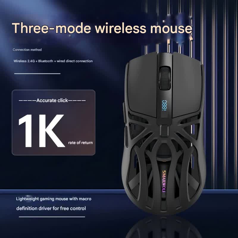 Tri-Mode Wireless Gaming Mouse - 1KHz Polling, 10000 DPI, Digital Display, Lightweight 73g(Black)