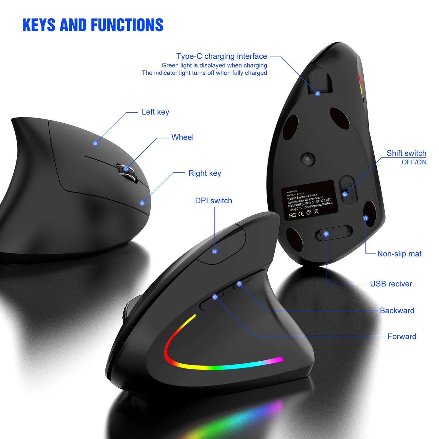 Ergonomic Vertical Wireless Mouse - 2.4G/Bluetooth, Rechargeable, RGB Light, 4 DPI Levels(black)