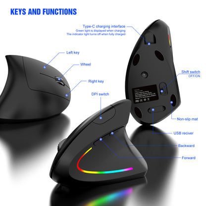 Ergonomic Vertical Wireless Mouse - 2.4G/Bluetooth, Rechargeable, RGB Light, 4 DPI Levels(black)