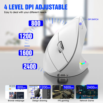 Ergonomic Vertical Wireless Mouse - 2.4G/Bluetooth, Rechargeable, RGB Light, 4 DPI Levels(black)