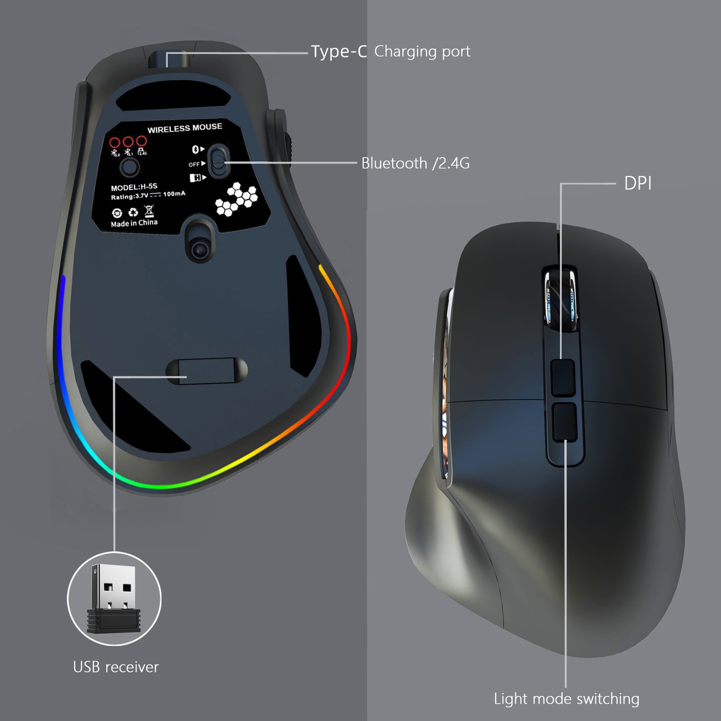 Ergonomic Vertical Wireless Mouse - Dual Mode (2.4G + Bluetooth), RGB Light, Rechargeable 500mAh Battery(Gray)