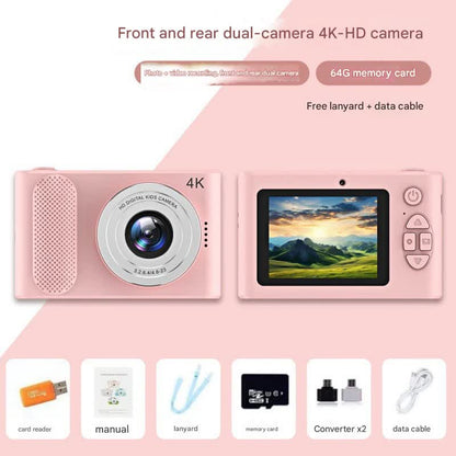 Ultra HD 4K Dual Lens Digital Camera - 44MP, 4X Zoom, 2.4" Screen, Complete with 64GB Card (pink)