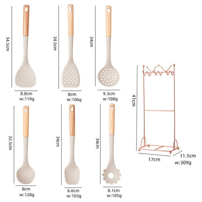 Beige Elegant 7-Piece Silicone Kitchen Utensil Set with Wooden Handles & Rose Gold Stand - Non-Stick Cookware Safe