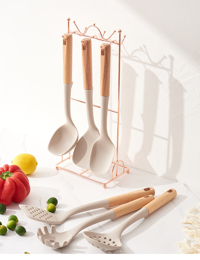 Black Elegant 7-Piece Silicone Kitchen Utensil Set with Wooden Handles & Rose Gold Stand - Non-Stick Cookware Safe