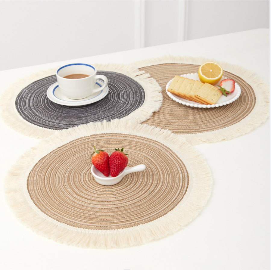 Beige Chic Round Woven Placemats with Tassel Fringe - Set of 4, Cotton Ramie Blend, Heat Resistant Table Mats