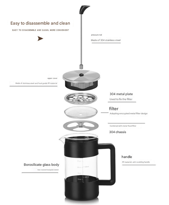 Black Classic 1000ml French Press Coffee & Tea Maker - Heat Resistant Borosilicate Glass, Stainless Steel Filter