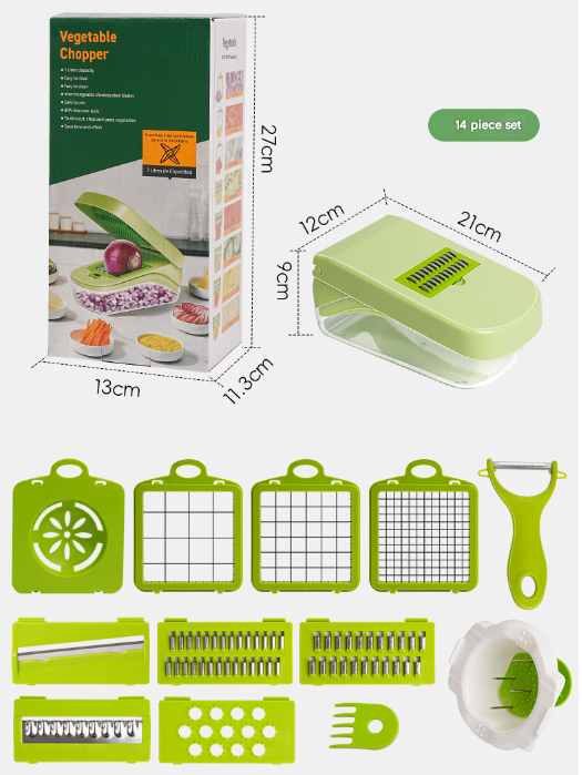 Green Versatile 14-in-1 Vegetable Chopper & Slicer Set - Multi-functional Kitchen Mandoline Dicer & Grater
