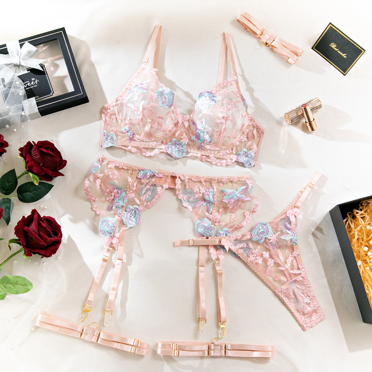 Size M Pink Elegant Floral Embroidered Sheer 5-Piece Lingerie Set - Bra, Thong, Garter Belt, Choker & Thigh Straps