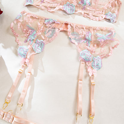 Size M Pink Elegant Floral Embroidered Sheer 5-Piece Lingerie Set - Bra, Thong, Garter Belt, Choker & Thigh Straps
