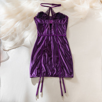 Size S Seductive Purple Lace & Satin Corset Lingerie Dress - Strapless Bustier with Halter Neck & Garters