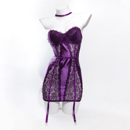 Size S Seductive Purple Lace & Satin Corset Lingerie Dress - Strapless Bustier with Halter Neck & Garters