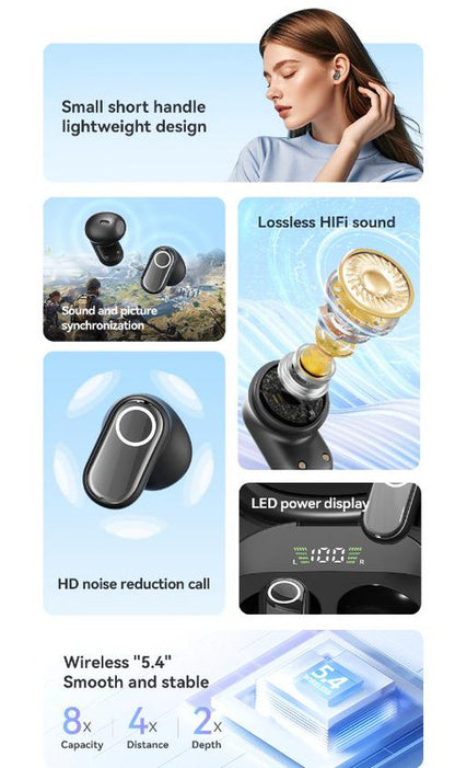 Black Feather-Light TWS Earbuds - Bluetooth 5.4, Hi-Fi Sound, LED Display Case, 60H+ Playtime, Touch Control