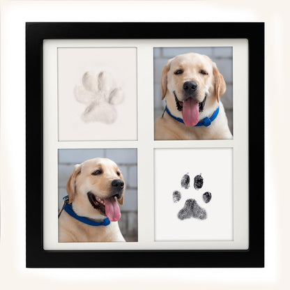 Black and White Pet Paw Print Keepsake Photo Frame Kit - Mess-Free Ink Pad for Dogs & Cats, Dual Photo & Print Display