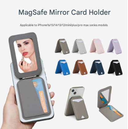 Grey Chic MagSafe Wallet with Mirror & Stand - PU Leather Card Holder for iPhone 12-16 Series