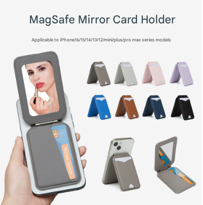 Grey Chic MagSafe Wallet with Mirror & Stand - PU Leather Card Holder for iPhone 12-16 Series