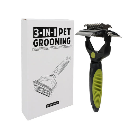 Green and Black Professional 3-in-1 Pet Grooming Tool - Dematting Rake, Deshedding Comb & Finishing Brush for Dogs & Cats