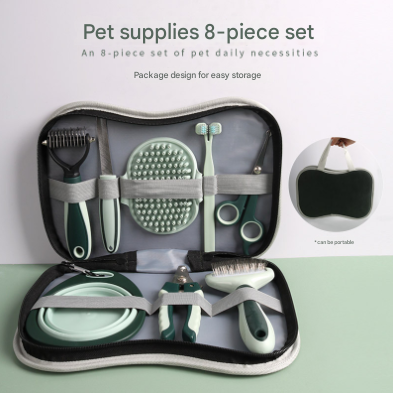 Grey and Green Complete 8-Piece Pet Grooming Kit - Essential Dog & Cat Care Tools with Brushes, Nail Clippers, Scissors & Portable Case