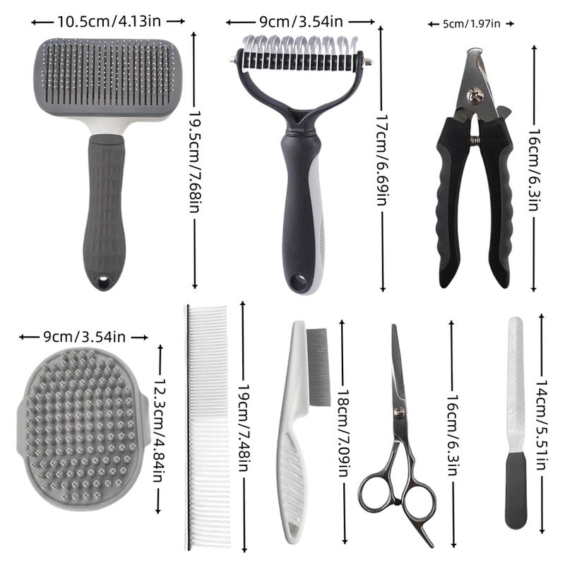 Grey Professional 9-Piece Pet Grooming Kit - DeShedding Brushes, Nail Clippers, Combs & Scissors Set for Dogs, Cats & Rabbits with Storage Bag