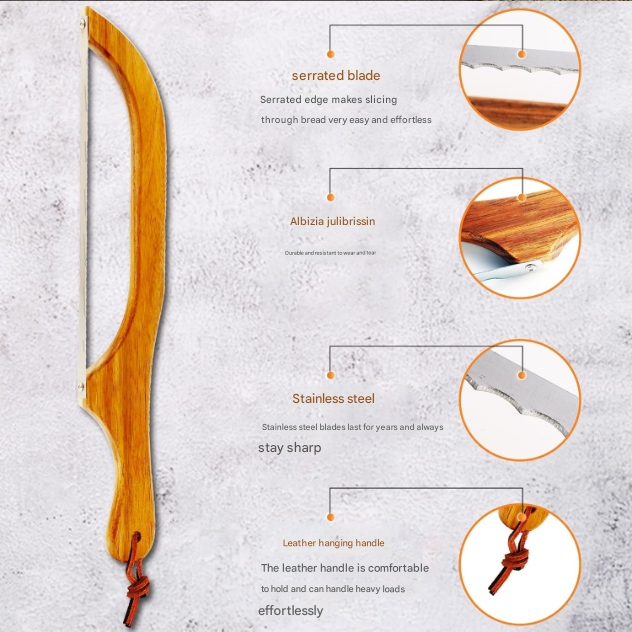 2 Pcs Brown Artisan Wooden Bread Bow Knife - Serrated Stainless Steel Slicer for Effortless Crumb-Free Cutting