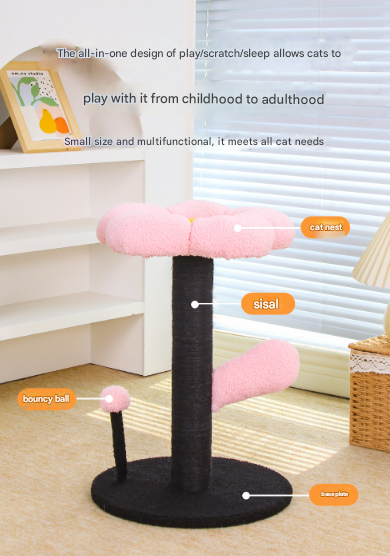 Pink and Black Adorable Flower Cat Tree - Plush Perch, Sisal Scratching Post & Spring Ball Toy