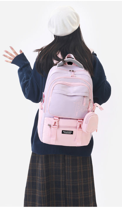 Pink and Purple Large Capacity Student Backpack - Durable Oxford Cloth School Bag with Laptop Compartment & Multiple Pockets