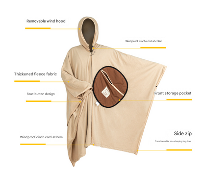Khaki Cozy 4-in-1 Wearable Fleece Poncho Sleeping Bag - Multifunctional Camping Blanket with Detachable Hood