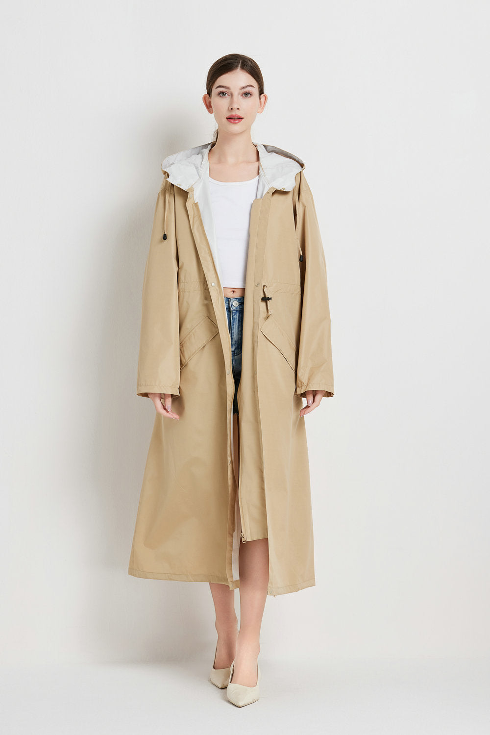 Size M Khaki Women's Chic Lightweight Waterproof Raincoat - Long Hooded Packable Rain Jacket with Pouch