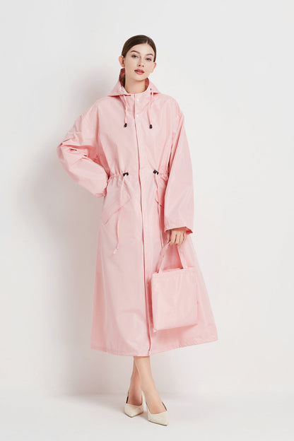Size M Pink Women's Chic Lightweight Waterproof Raincoat - Long Hooded Packable Rain Jacket with Pouch