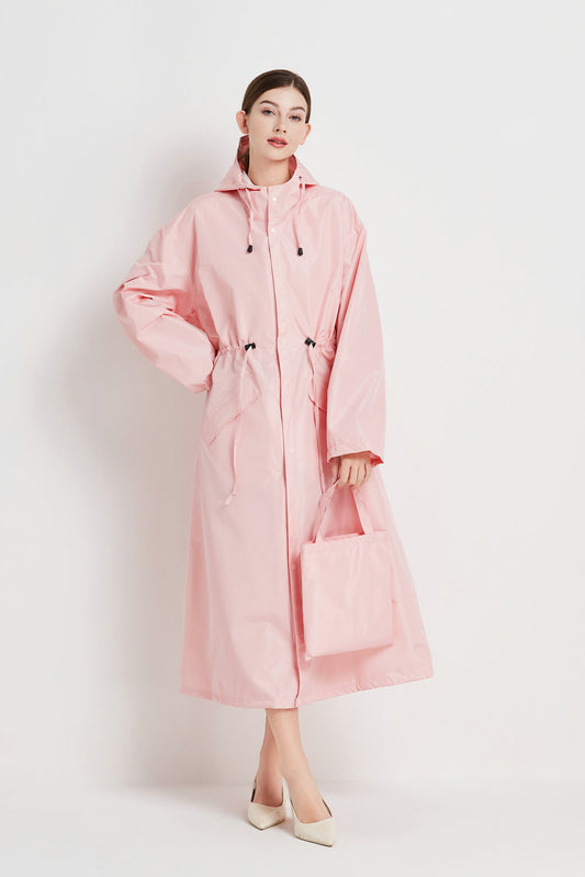 Size M Pink Women's Chic Lightweight Waterproof Raincoat - Long Hooded Packable Rain Jacket with Pouch