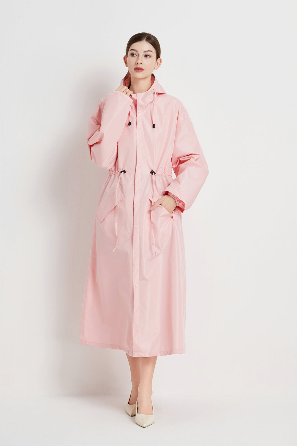 Size M Pink Women's Chic Lightweight Waterproof Raincoat - Long Hooded Packable Rain Jacket with Pouch