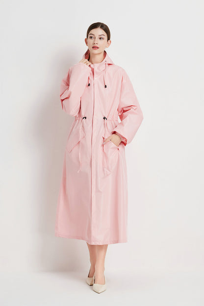 Size M Pink Women's Chic Lightweight Waterproof Raincoat - Long Hooded Packable Rain Jacket with Pouch