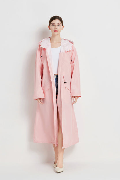 Size M Pink Women's Chic Lightweight Waterproof Raincoat - Long Hooded Packable Rain Jacket with Pouch