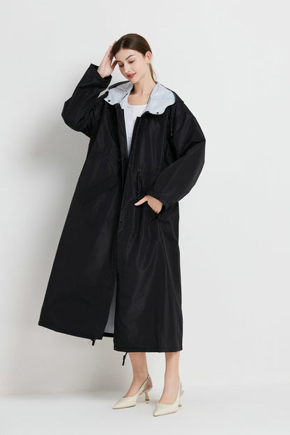Size M Black Women's Chic Lightweight Waterproof Raincoat - Long Hooded Packable Rain Jacket with Pouch