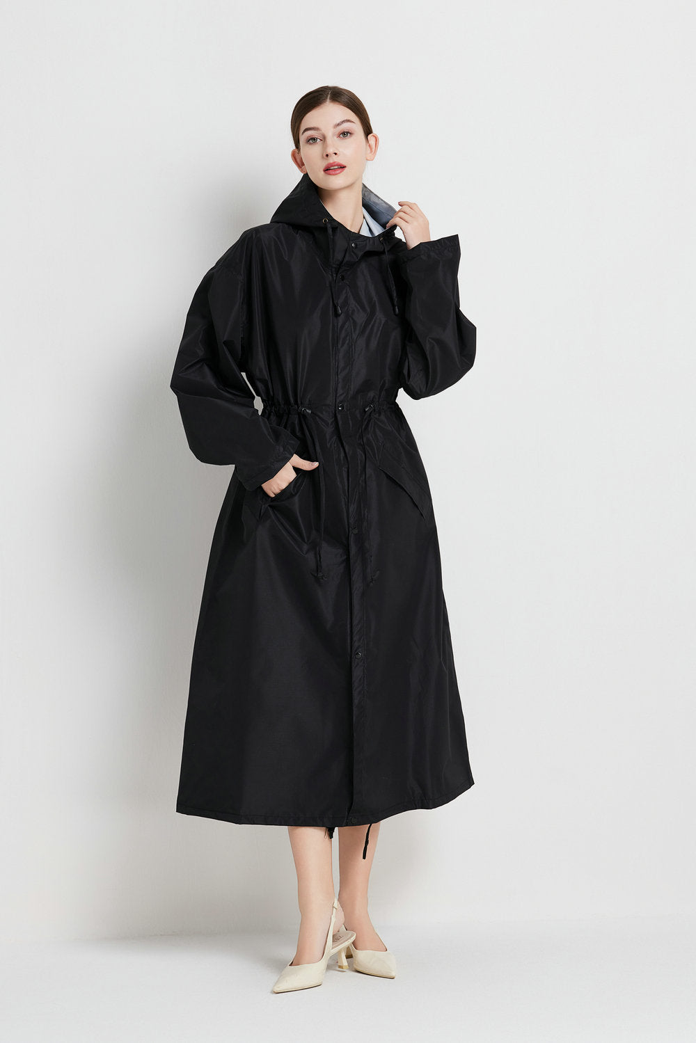 Size M Black Women's Chic Lightweight Waterproof Raincoat - Long Hooded Packable Rain Jacket with Pouch