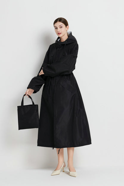 Size M Black Women's Chic Lightweight Waterproof Raincoat - Long Hooded Packable Rain Jacket with Pouch
