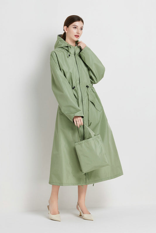 Size M Green Women's Chic Lightweight Waterproof Raincoat - Long Hooded Packable Rain Jacket with Pouch