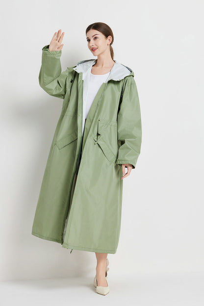 Size M Green Women's Chic Lightweight Waterproof Raincoat - Long Hooded Packable Rain Jacket with Pouch