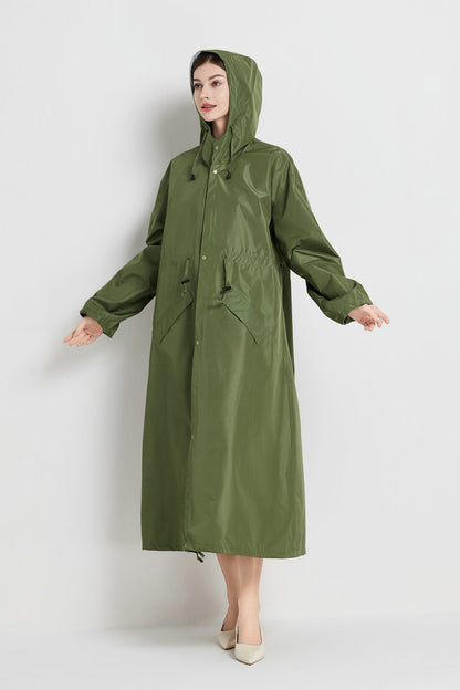 Size M Green Women's Chic Lightweight Waterproof Raincoat - Long Hooded Packable Rain Jacket with Pouch