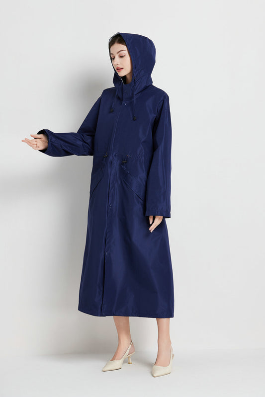 Size M Dark Blue Women's Chic Lightweight Waterproof Raincoat - Long Hooded Packable Rain Jacket with Pouch