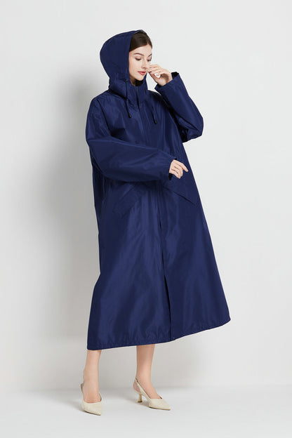Size M Dark Blue Women's Chic Lightweight Waterproof Raincoat - Long Hooded Packable Rain Jacket with Pouch