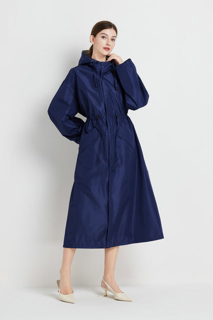 Size M Dark Blue Women's Chic Lightweight Waterproof Raincoat - Long Hooded Packable Rain Jacket with Pouch