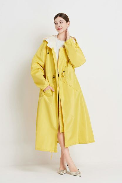 Size M Yellow Women's Chic Lightweight Waterproof Raincoat - Long Hooded Packable Rain Jacket with Pouch
